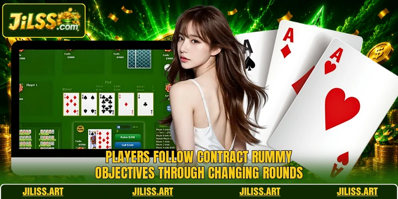 Players follow Contract Rummy objectives through changing rounds Players follow Contract Rummy objectives through changing rounds